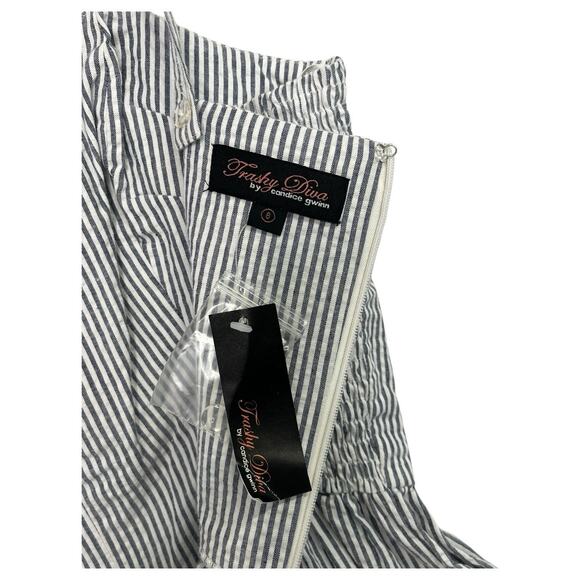 New Trashy Diva Romper Womens 8 Blue White Seersucker Pin Up Striped Retro 70s - Picture 8 of 14